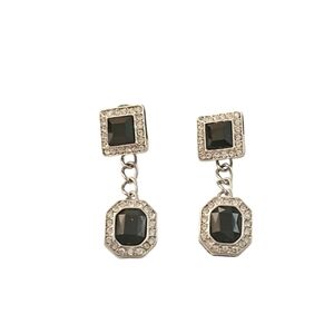 Black and Silver Art Deco Drop Earrings With Rhinestones